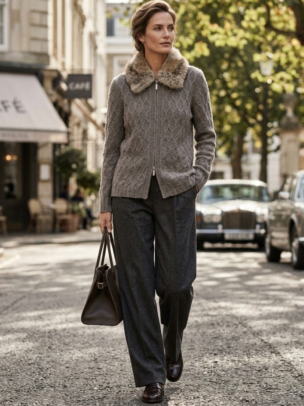 Carlisle Cashmere Merino Blend Genuine Fur Collar Cable Knit Cardigan , Large